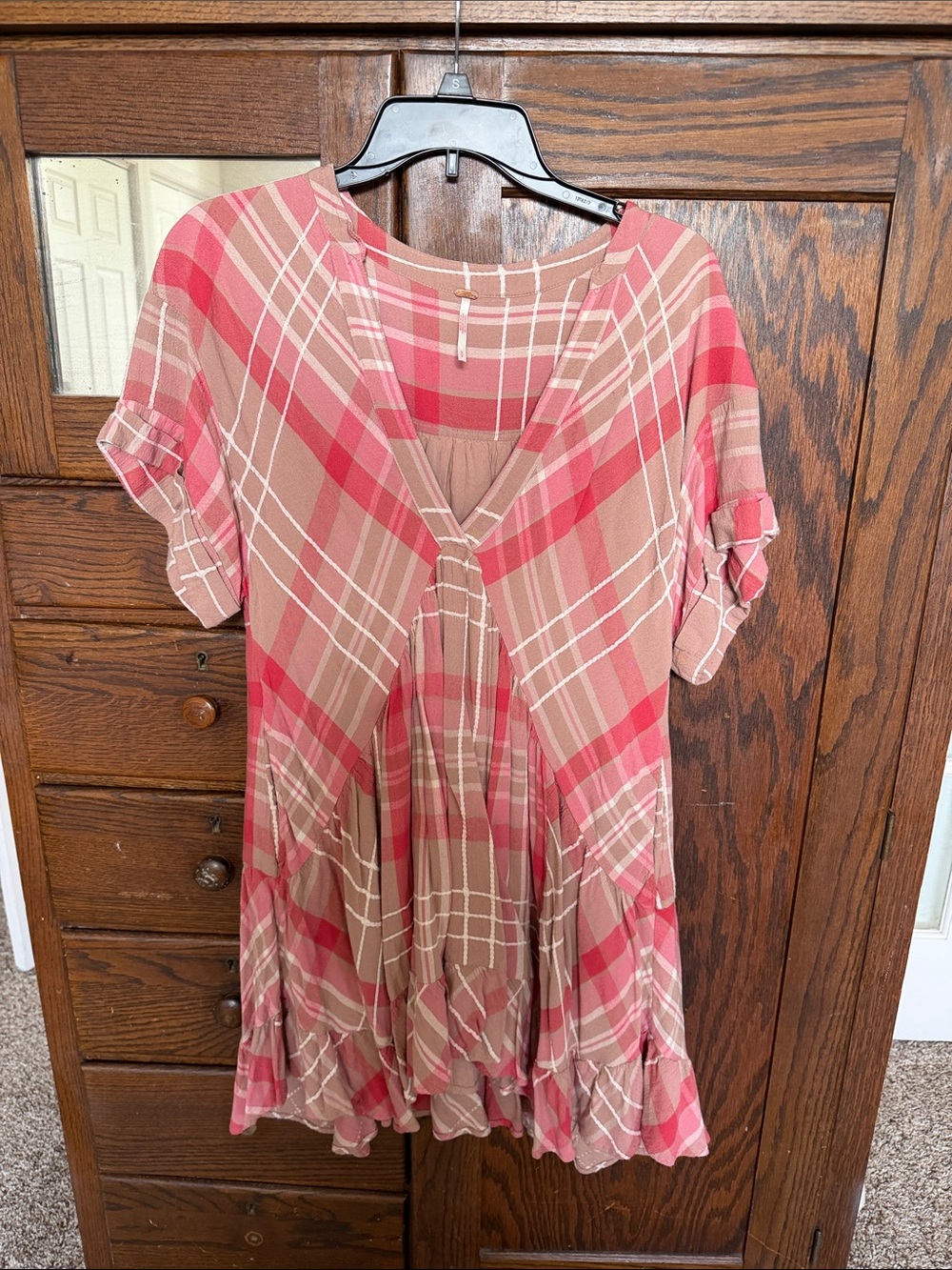 Free People Pink and Tan Plaid V-Neck Tunic Dress